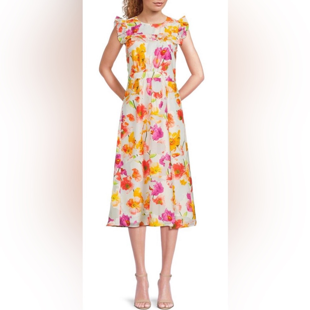 Karl Lagerfeld Paris Floral Flutter-Sleeve Midi-Dress